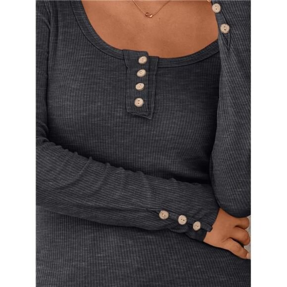 Women's Long Sleeve Casual  Top - Button Down Ribbed Knit Blouse - Picture 6 of 7